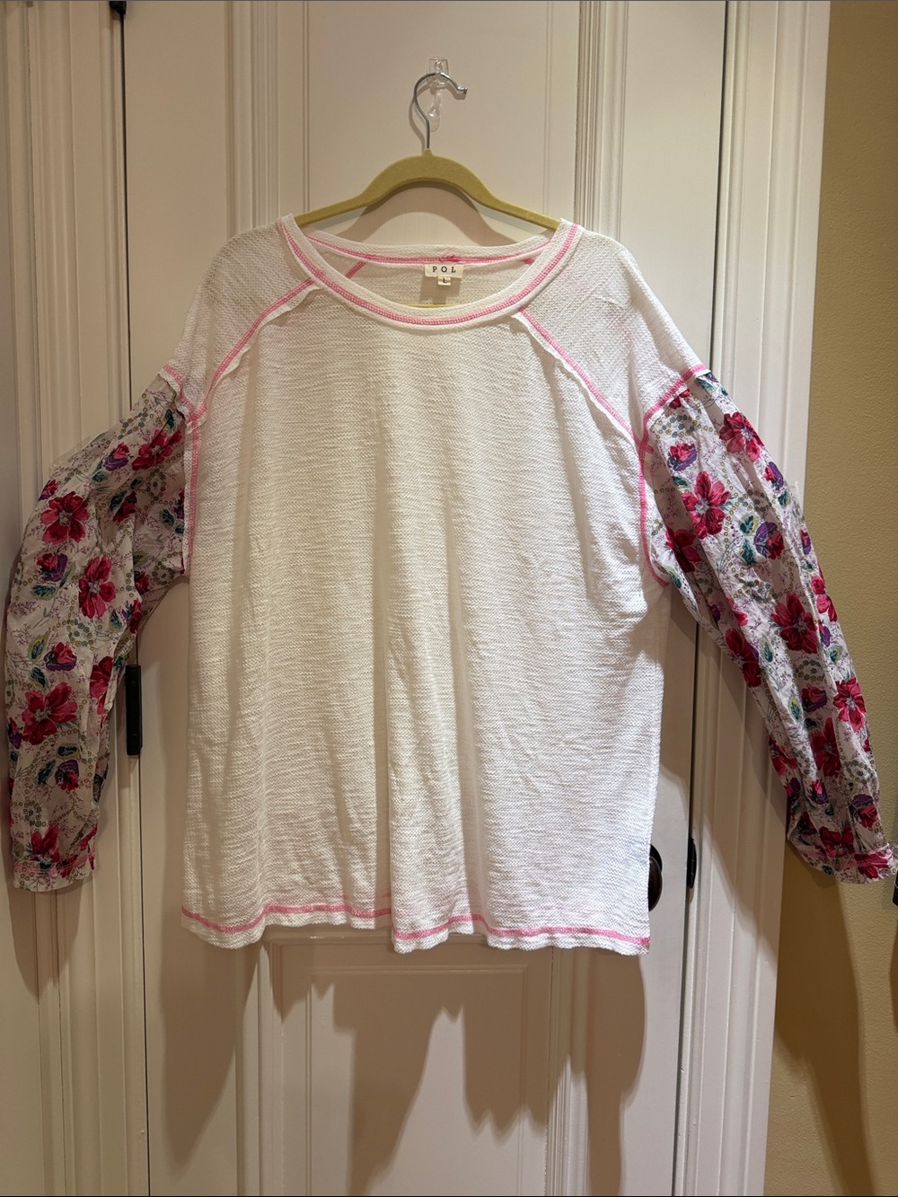 POL Soft White w/ Pink Waffle Knit Top & Raglan Floral Balloon Sleeves-NWOT-L